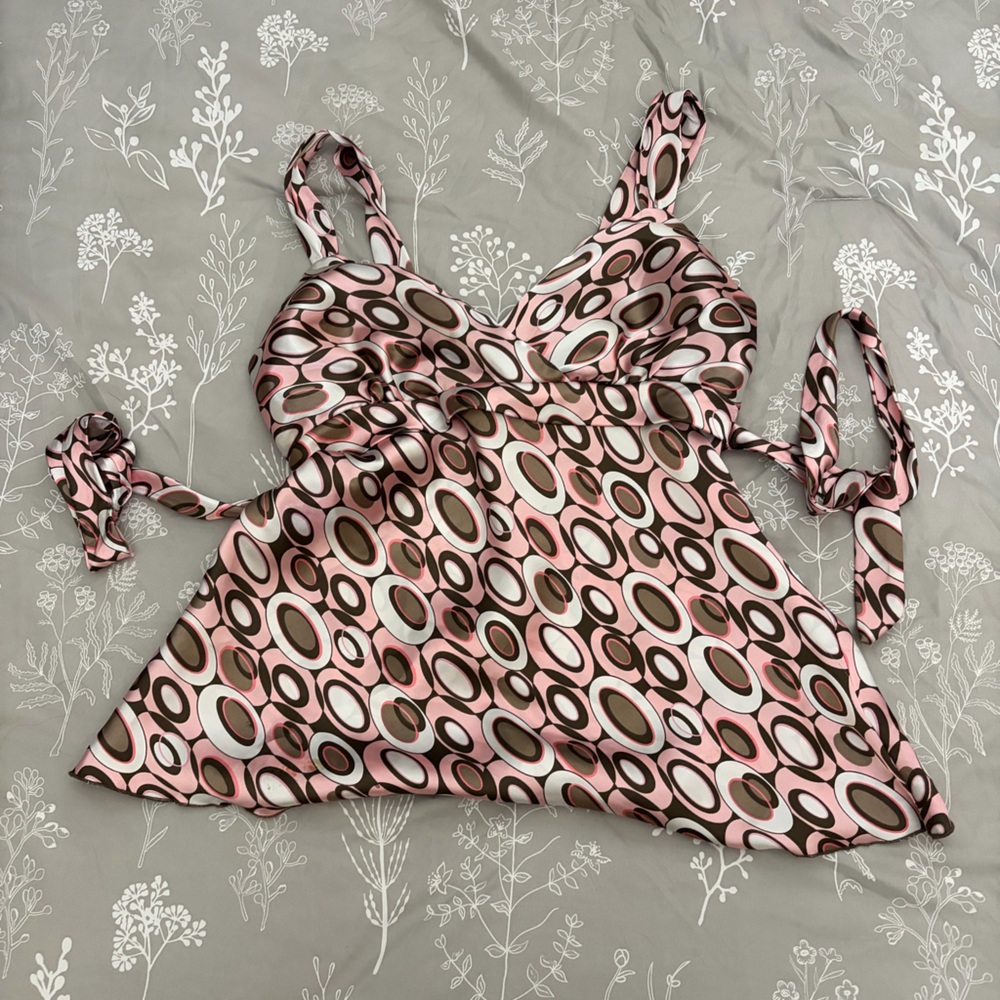 Iz Byer Pink and Brown Retro Geometric Halter Top